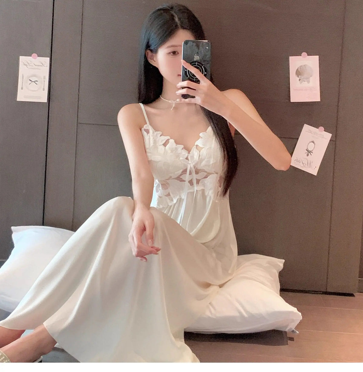 French Romantic Long Strap Sleep Silk Elegant Sleepwear Set