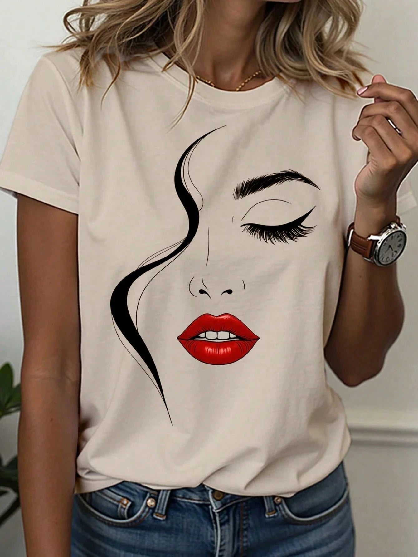 Abstract Face Line Art Graphic Print T-Shirt