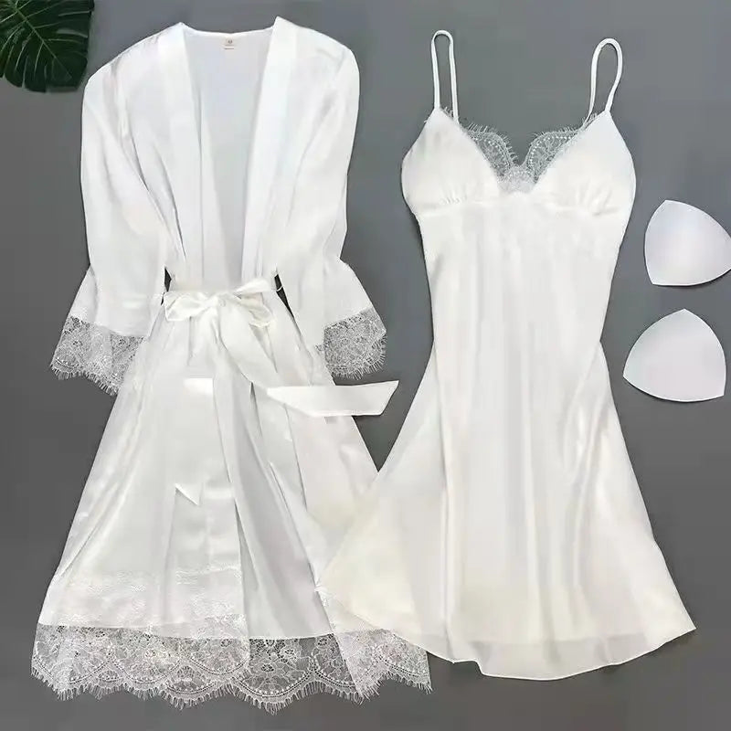 White 5PCS  Satin Sleepwear