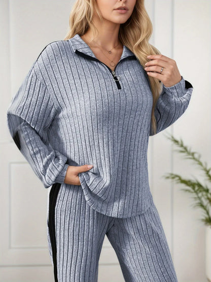 Elegant Casual Zipper Collar Long-Sleeve Top & Wide-Leg Pants Set