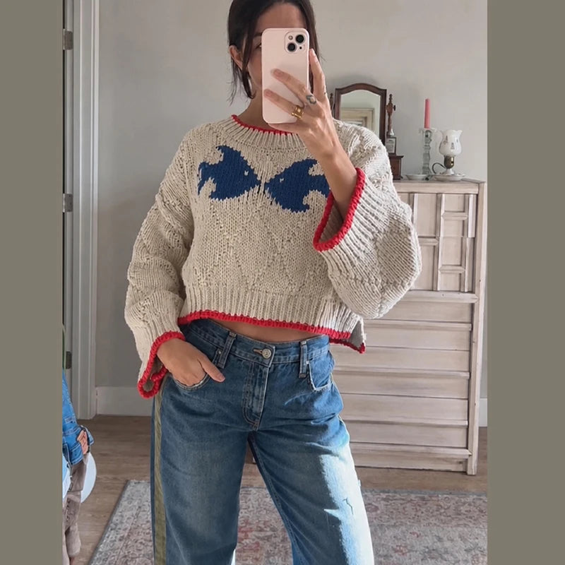 Bow Jacquard Cropped Knit Sweater Wide Long Sleeve Crew Neck Loose Chunky Knit Pullover
