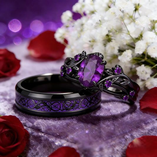 Charm Couple Romantic Purple Rhinestones CZ Rings Set