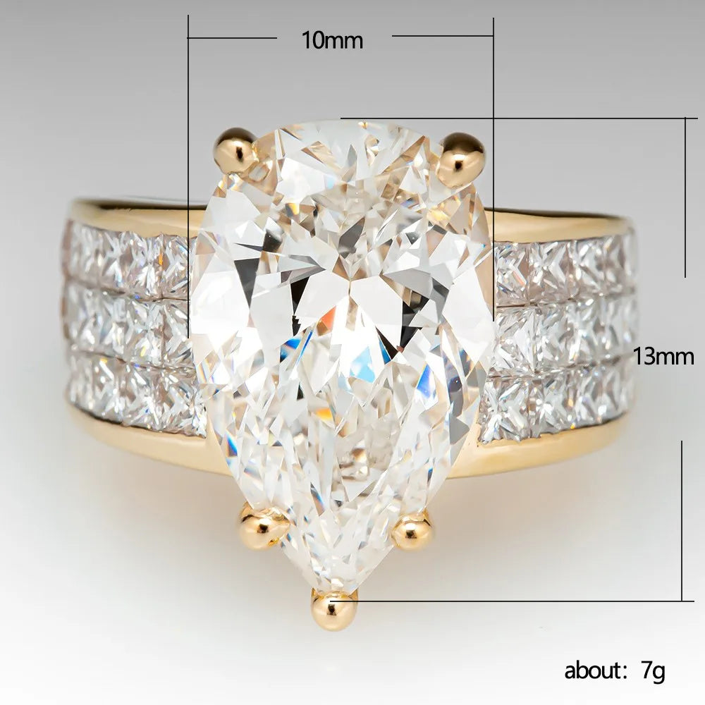 Luxury Gold Water Drop CZ Brilliant White Cubic Zirconia Rings