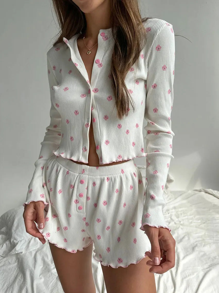 Ribbed Knitted Floral Print Long Sleeve Casual Loungewear Pajama Sets