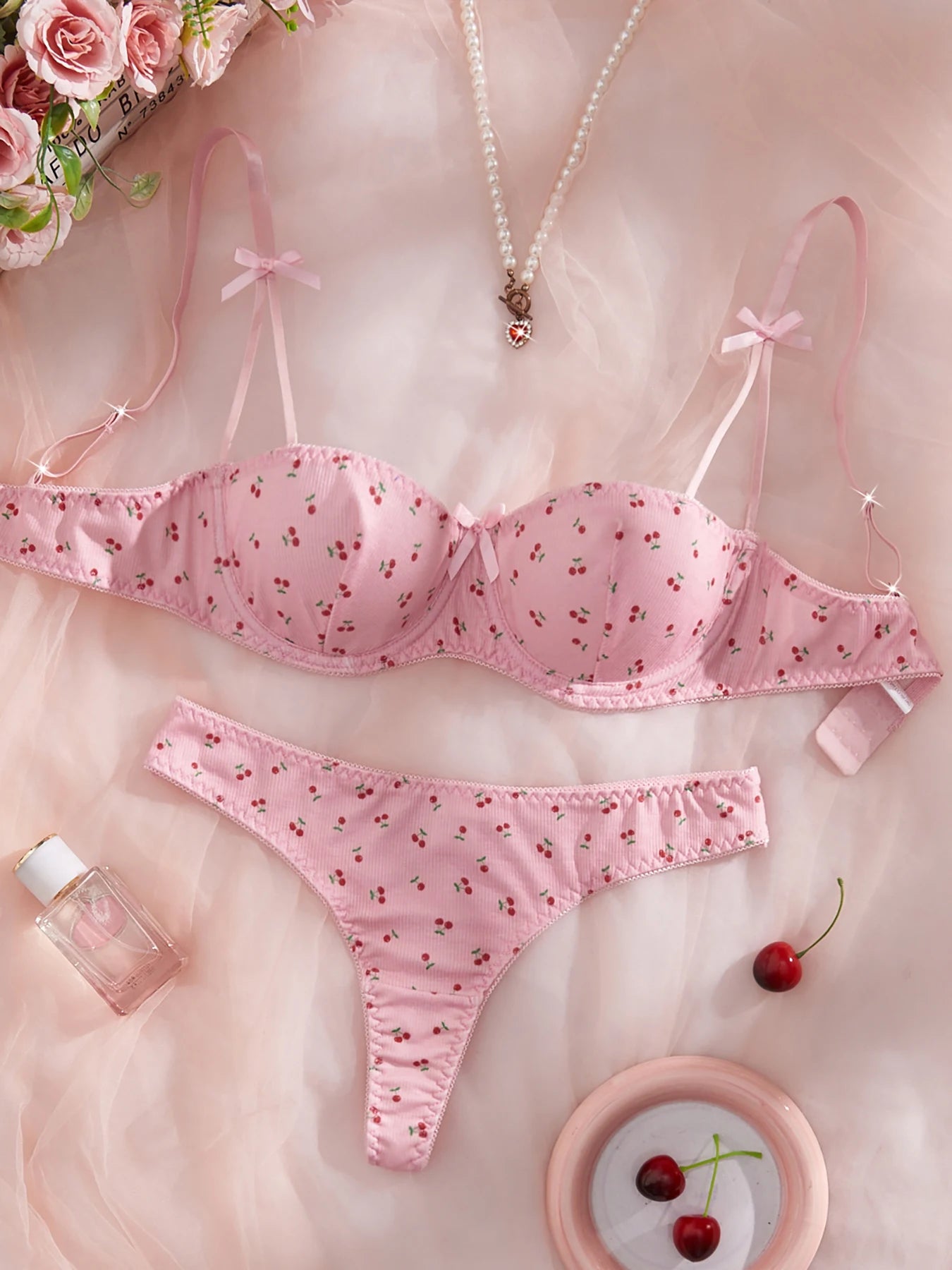 2-Piece Set Cherry Print Comfortable Lingerie