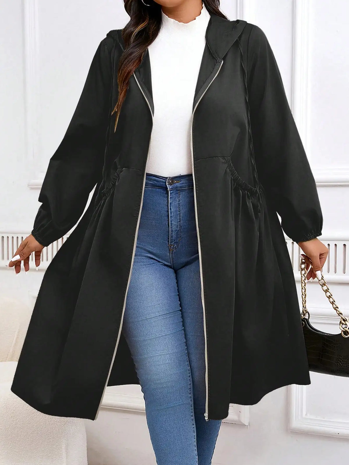 Plus Size Zip Up Hooded Casual Long Sleeve Coat