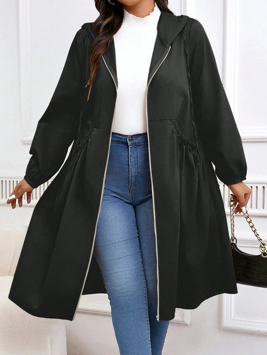 Plus Size Zip Up Hooded Casual Long Sleeve Coat