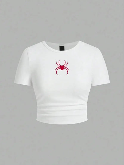 Simple Red Spider Printing Crop Tops Street Slim-fit T-Shirt