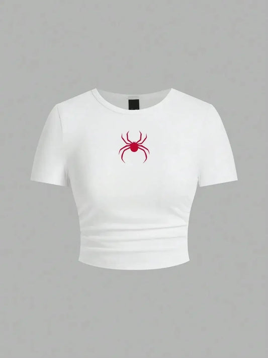 Simple Red Spider Printing Crop Tops Street Slim-fit T-Shirt