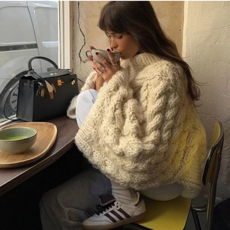 Oversize Knit Pullover Casual Lazy Round Neck Kink Solid Sweater
