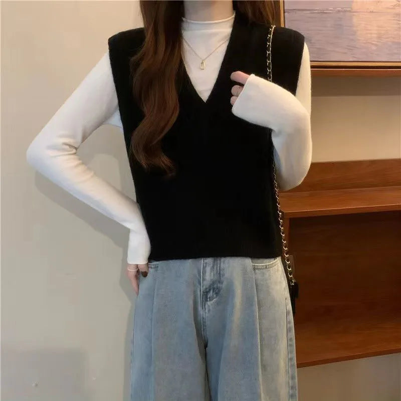 V-neck Knitted Vest Vintage Sleeveless Sweater Waistcoat Korean Chic