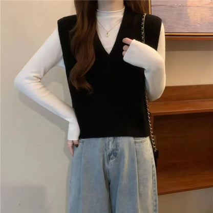 V-neck Knitted Vest Vintage Sleeveless Sweater Waistcoat Korean Chic