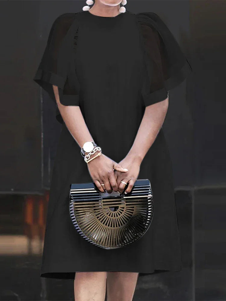 Mesh Patchwork Sundress Mini Ruffle Short Sleeve Dress