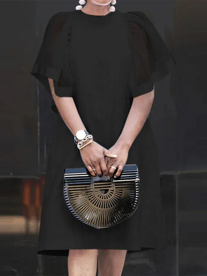 Mesh Patchwork Sundress Mini Ruffle Short Sleeve Dress