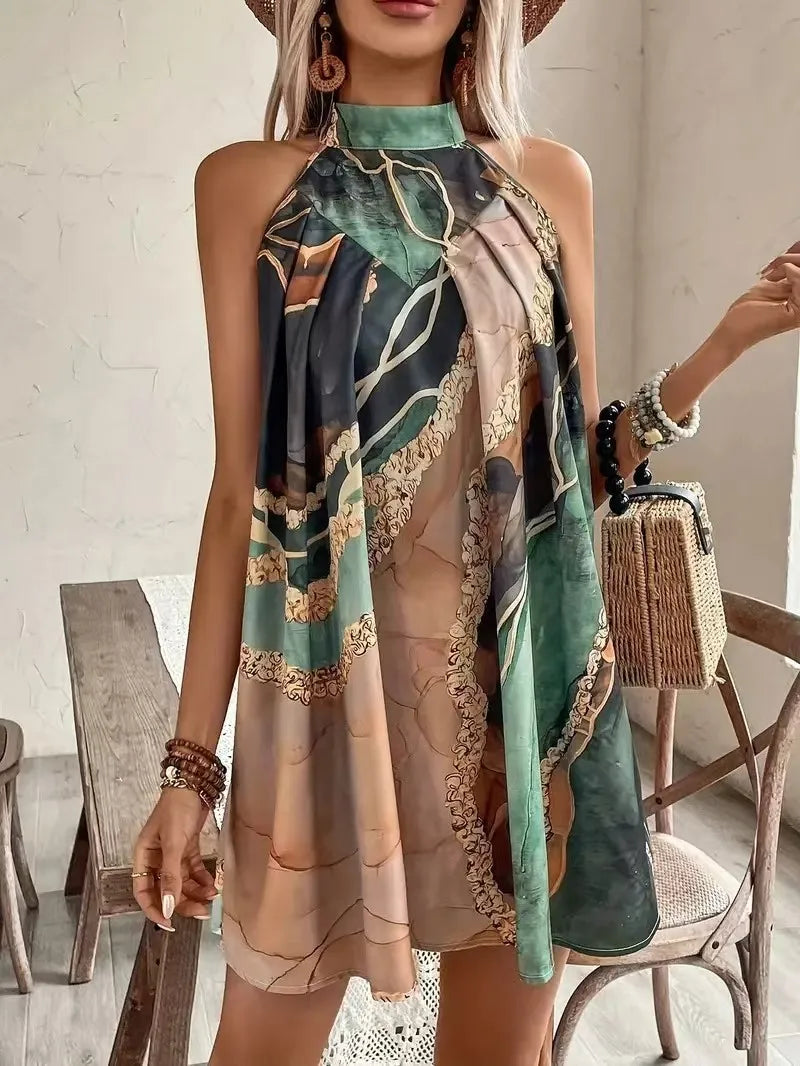 Sleeveless Crew Neck Striped Print Sexy Mini Dress