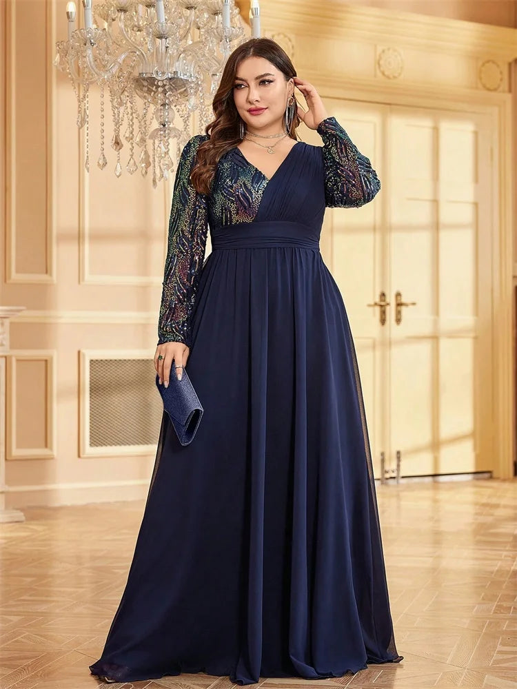 Plus Size Luxury Chiffon Long Sleeve Evening Dress