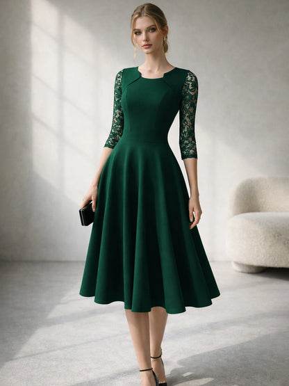 Vintage Floral Lace Square Neck High Waist Medium Sleeve Slim Flared Dress