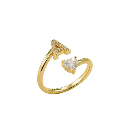 Gold Letter Open Heart Shape Cubic Zirconia  A-Z 26 Letter  Lnitials Rings
