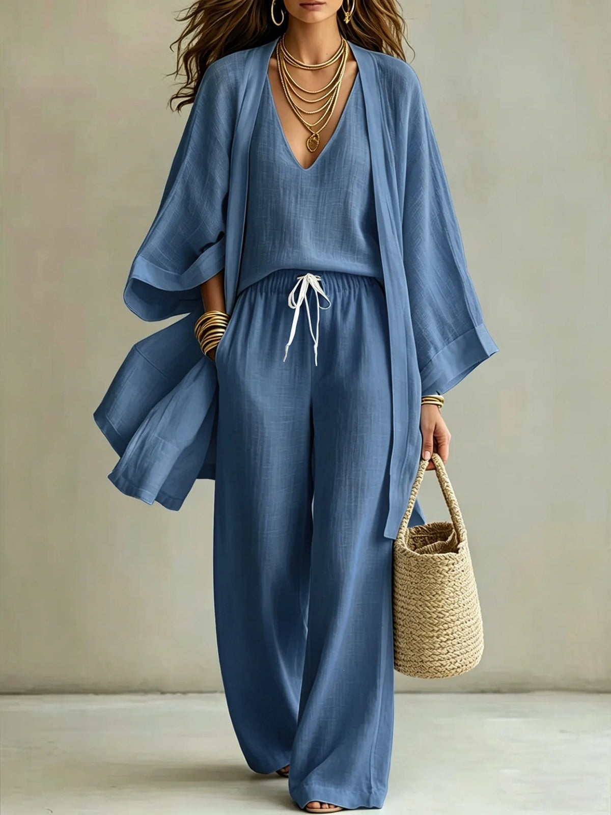 White V Neck Tank Top Wide Leg Pants Kimono Cardigan 3 Piece Set