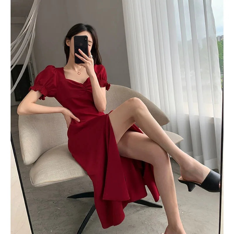 Solid Puff Short-Sleeved Elegant Slit Dress