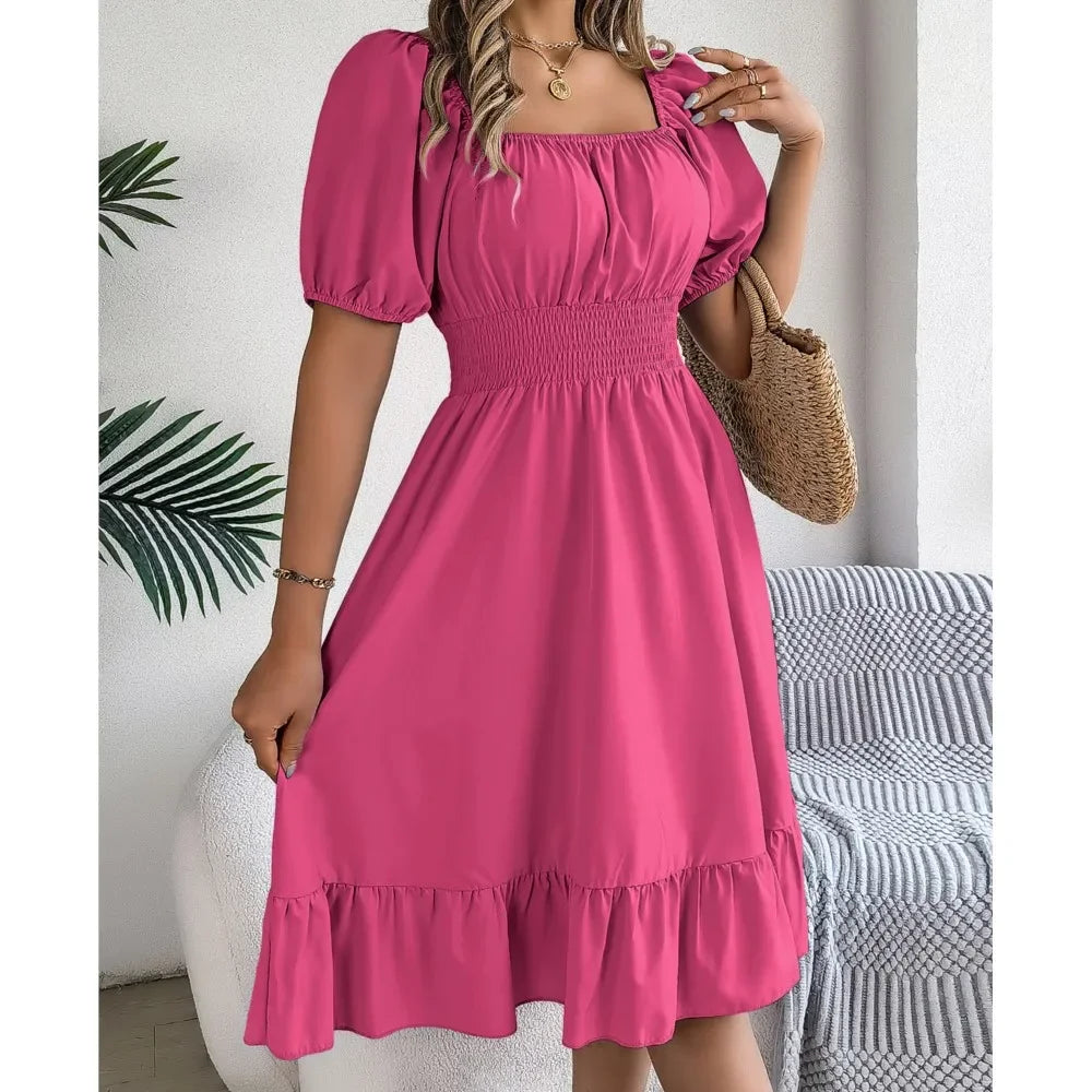 MIidi Casual Square Neck Short Sleeved Dress