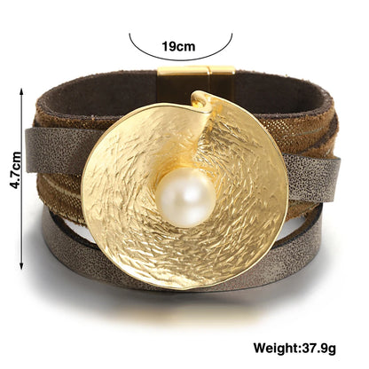 Wrinkled Textured Disc Leather Bohemian Pearl Wrap Chunky Bracelets