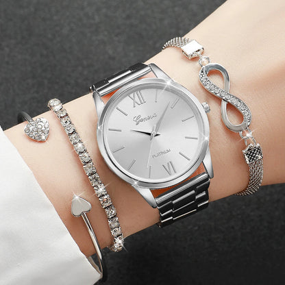 4PCS/Set Rhinestone Luxury Steel Band Quartz Bracelets Watches Set