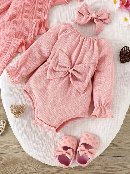 2pieces-Baby Bow Pink Long Sleeve Onesie Set