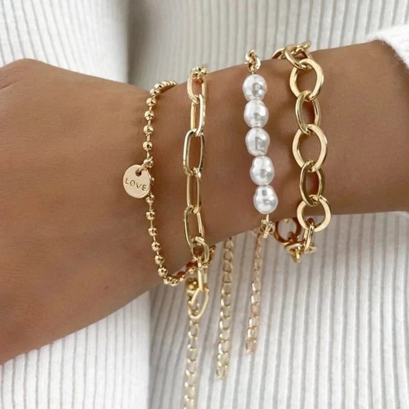 4pcs Punk Curb Cuban Chain Bracelets Set