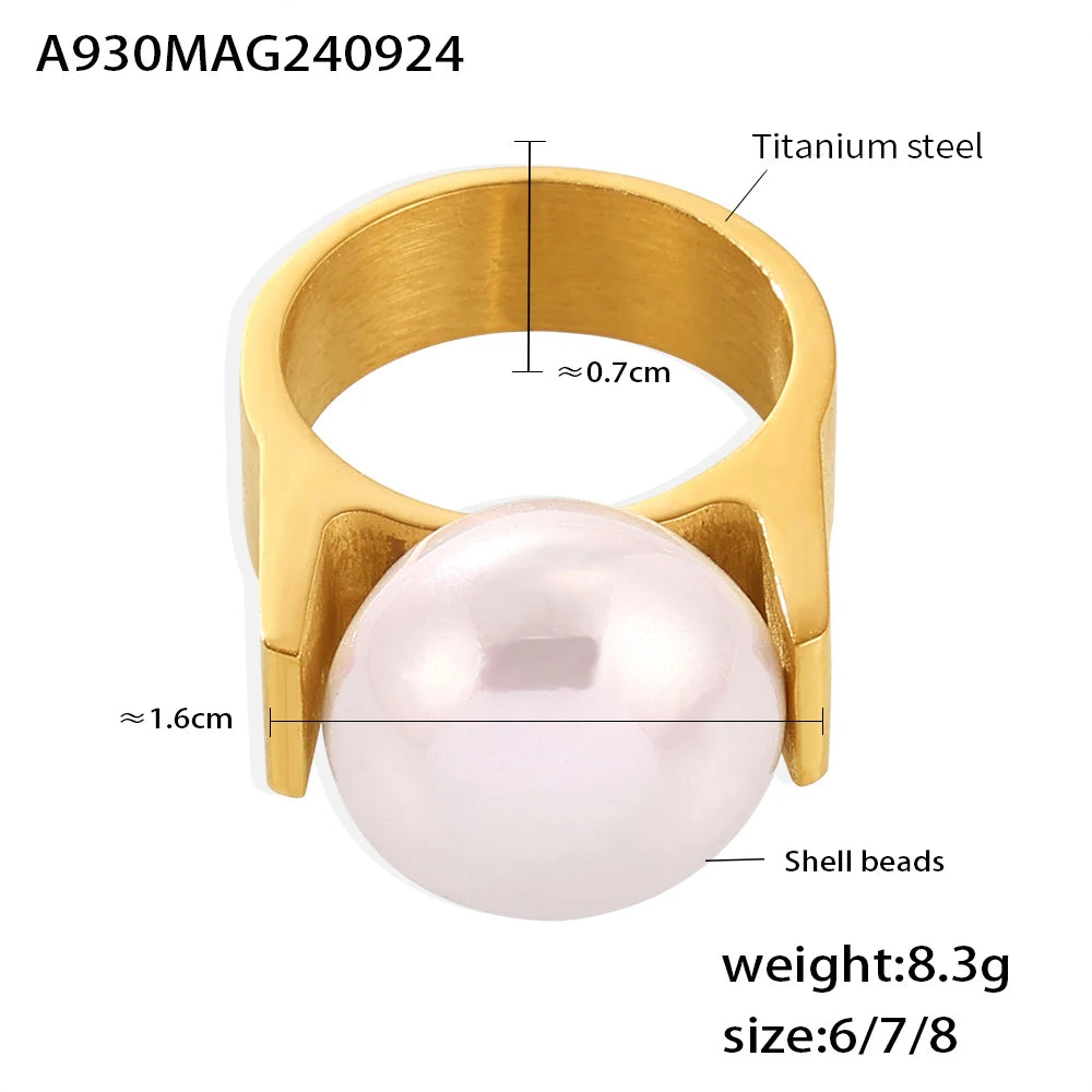 316L Stainless Steel Y Shaped Big Imitation Pearl Rings