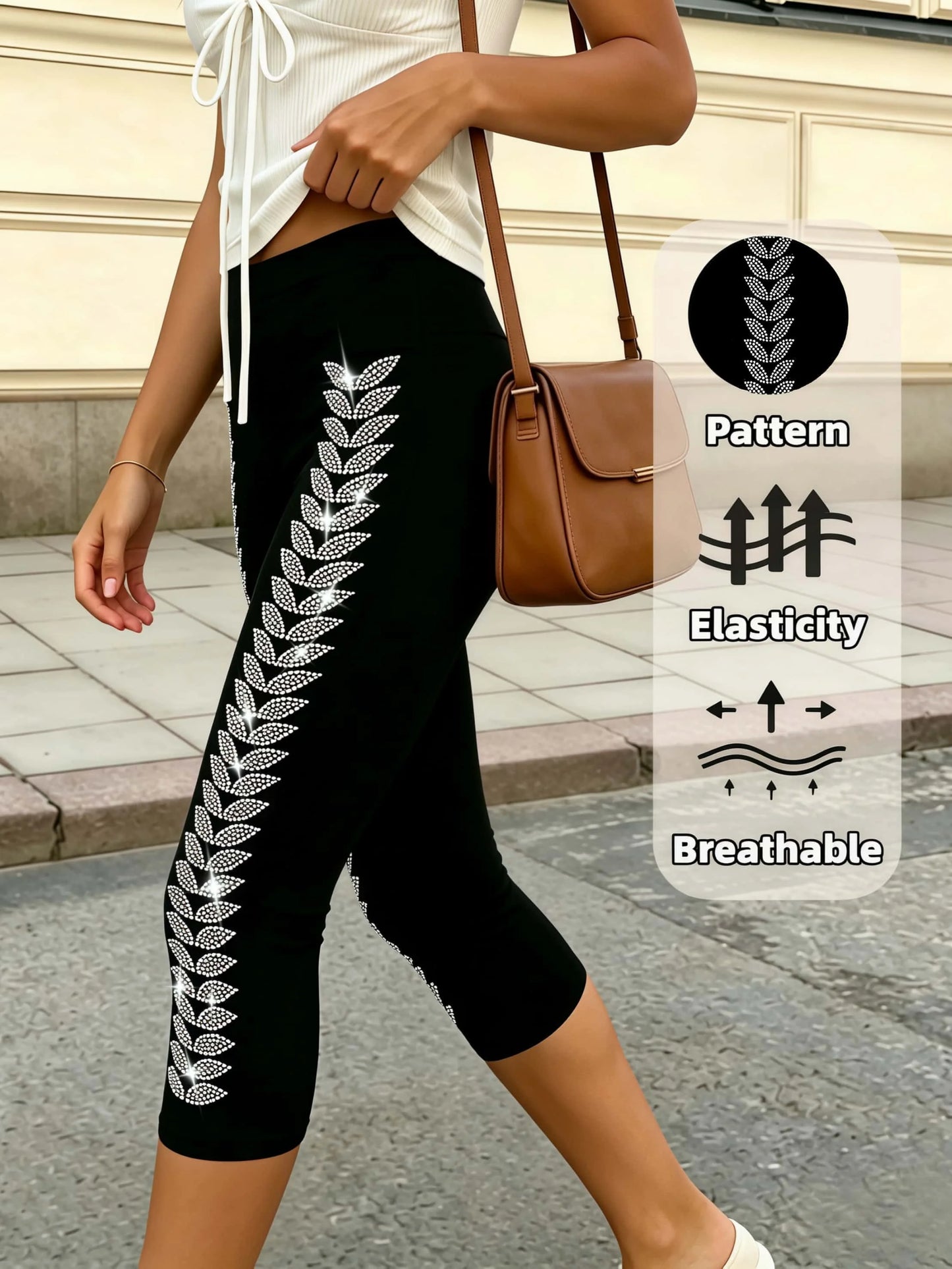 Black Capri Leggings Side Leaf Rhinestones Stretchy Slim Fit Yoga Pants