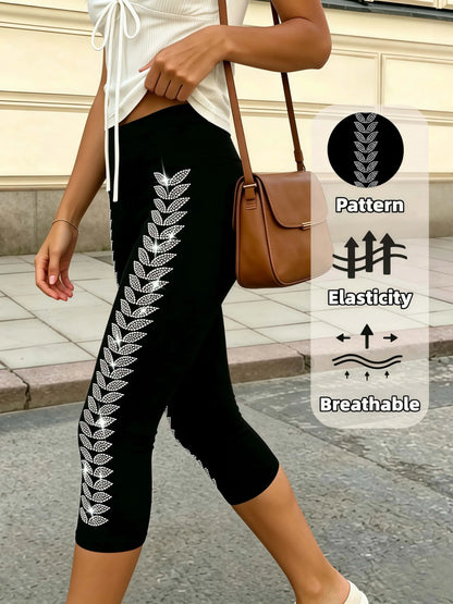 Black Capri Leggings Side Leaf Rhinestones Stretchy Slim Fit Yoga Pants