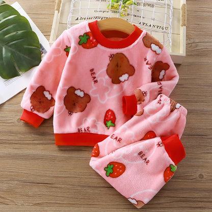 Cotton Autumn Winter Plus Fleece Warm Cartoon Top+Pants Set