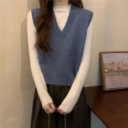 V-neck Knitted Vest Vintage Sleeveless Sweater Waistcoat Korean Chic