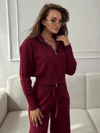 Knit Zip Up Cardigan Wide Leg Soft Fabric Cropped Sets