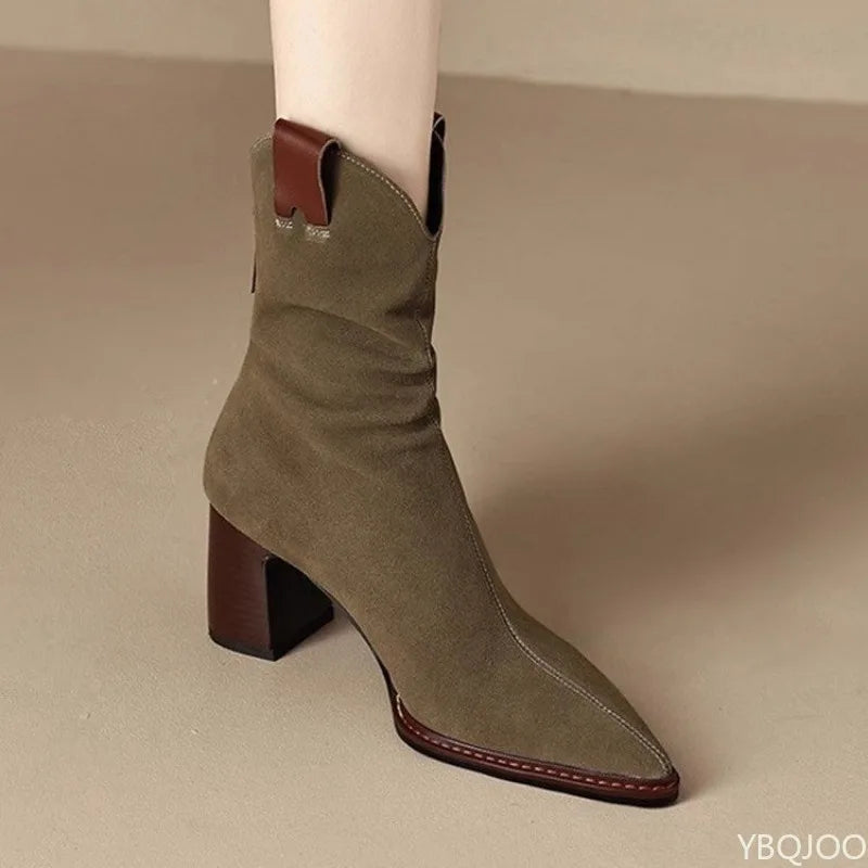 Casual versatile Round Toe shoes Retro Chunky Heel Ankle Boots