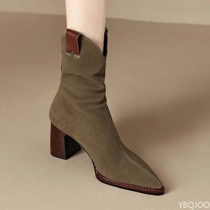 Casual versatile Round Toe shoes Retro Chunky Heel Ankle Boots