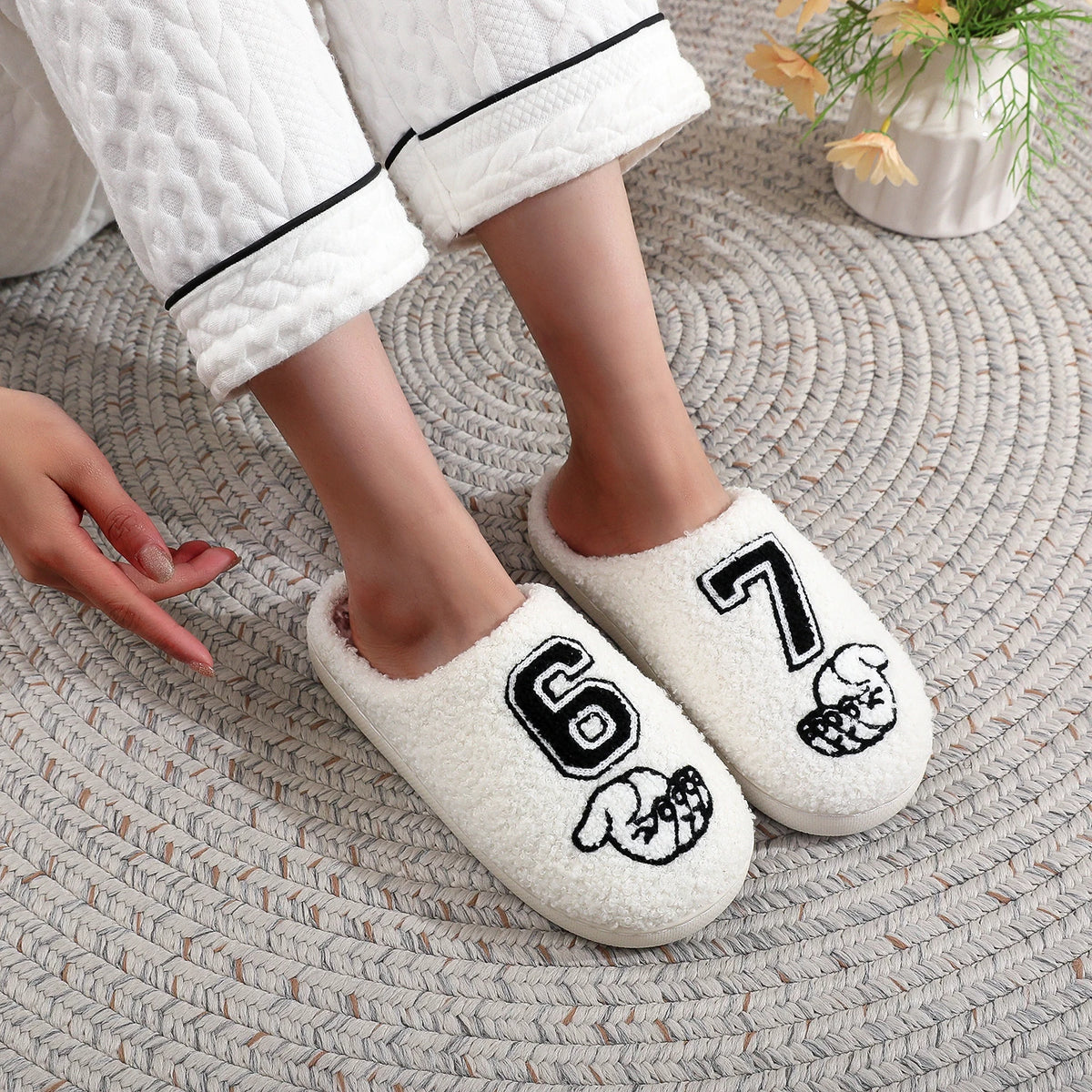 Checkerboard Pattern Number 67 Plush Non-Slip Cotton Slippers