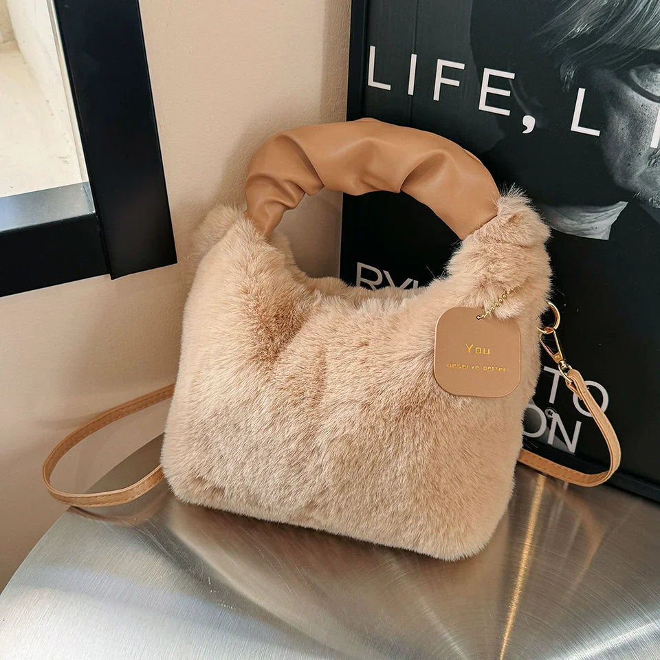 Faux Fur Plush Ruched Handle Small Shoulder Crossbody Bag