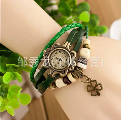 Vintage Leather Bracelet Butterfly Clover Pendant Quartz Watch