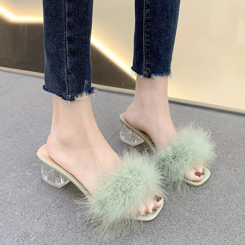 Fox Fur Chunky Flip Flops Sexy Home Slipper