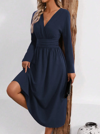 Elegant V-Neck Long Sleeve with Waist Shirring Bodycon Long Maxi Dress