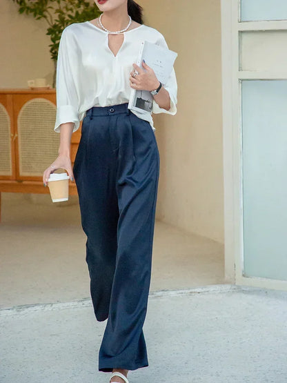 High Waist Wide Leg Fit Classic Black Silk Satin Korean Style Pants