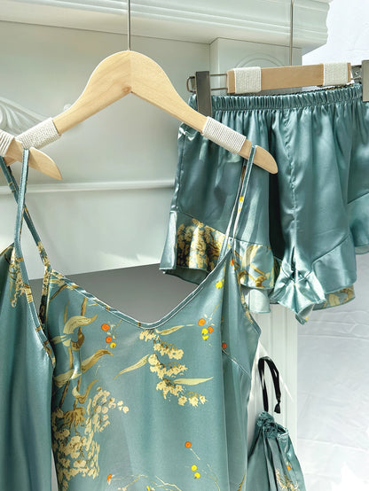 5pcs Floral Print Long Sleeve Robe Cami Dress Pajamas Sets