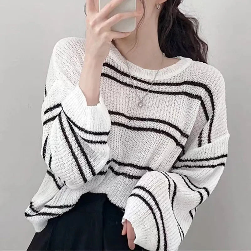 Sunscreen Blouse Hollow Out Pullover Long Sleeve O-neck Loose Sweater