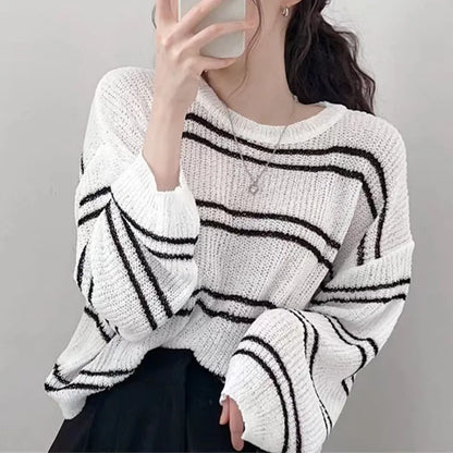 Sunscreen Blouse Hollow Out Pullover Long Sleeve O-neck Loose Sweater