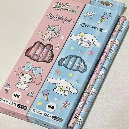 12Pcs/Box Sanrio Pencil Melody Kuromi Cinnamoroll HB Black Write Draw Pencils