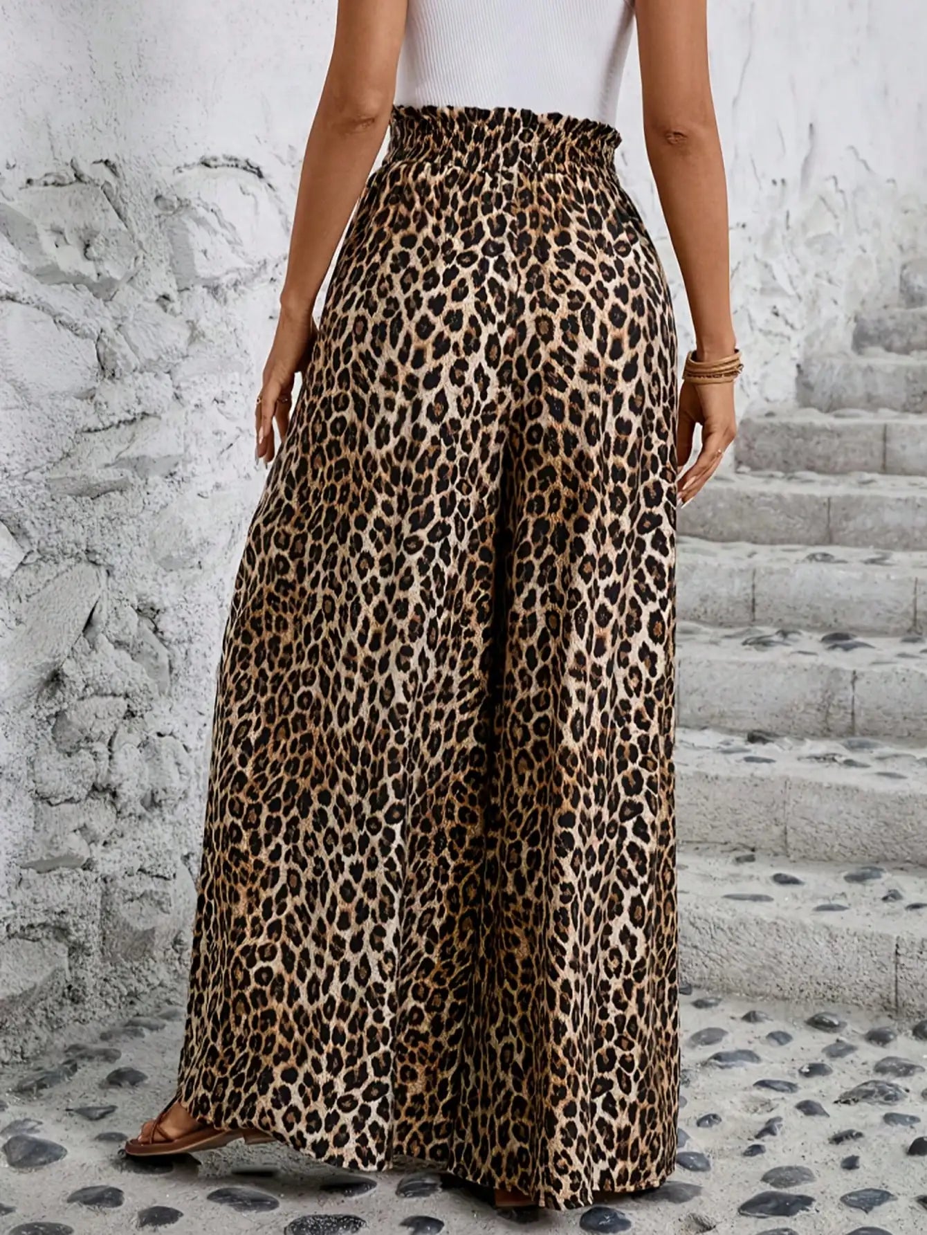 Casual leopard high waist wide leg pants