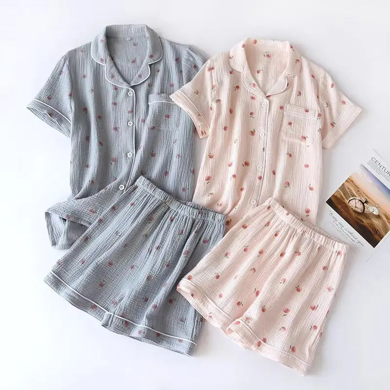 Short-sleeved 100% Cotton Crepe Cloth Thin Loose Pajama Sets