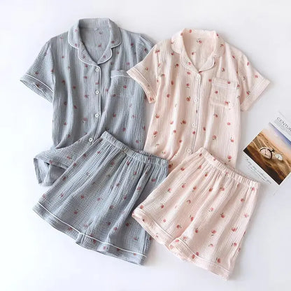 Short-sleeved 100% Cotton Crepe Cloth Thin Loose Pajama Sets